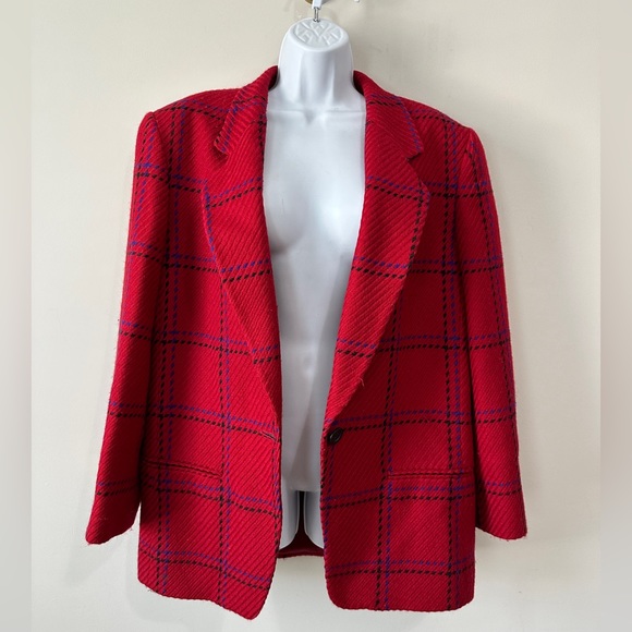 Vintage  Red Wool Pane Style Plaid Blazer By BERNARD HOLTZMAN Size 14 - Picture 10 of 13